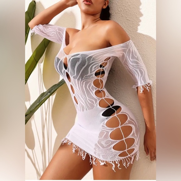Fashion Womens White Cut Out Sheer Swimsuit Cover Up Fishnet Dress One Size - Picture 4 of 8